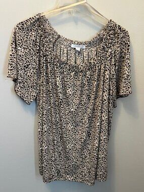 Women's Dress Barn Blouse, Size 14/16, Brown Animal Print. Decor Beads, Ex Cond!